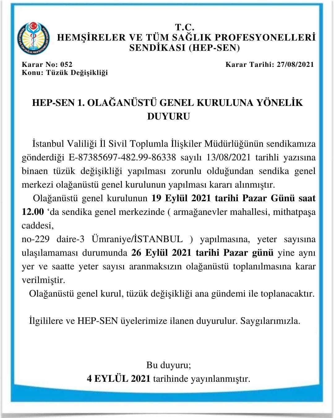HEP-SEN 1. OLAĞANÜSTÜ GENEL KURULUNA YÖNELİK DUYURU