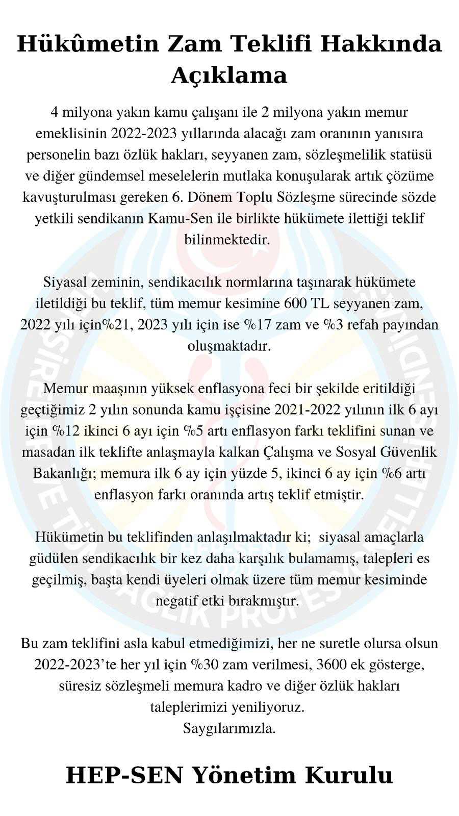 Hükümetin Zam Teklifi Hakkında Açıklama