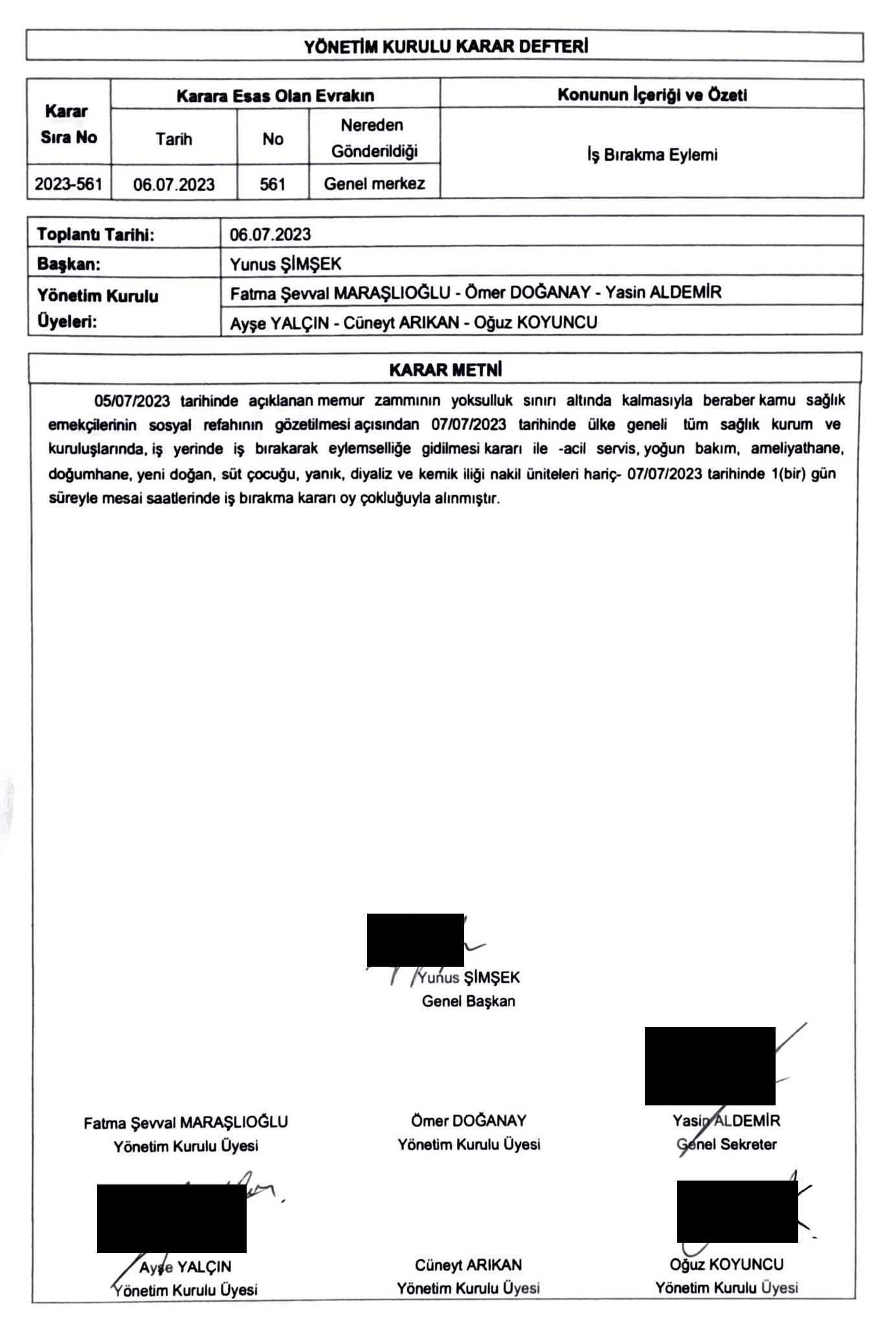 7 TEMMUZ CUMA GÜNÜ 1 GÜN İŞ BIRAKMA KARARI