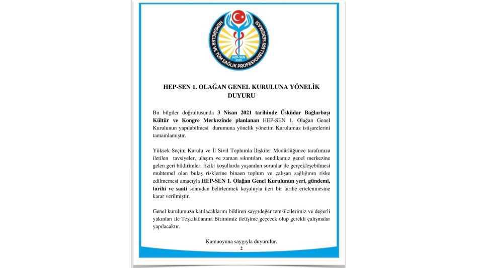 HEP-SEN 1. OLAĞAN GENEL KURULUNA YÖNELİK DUYURU