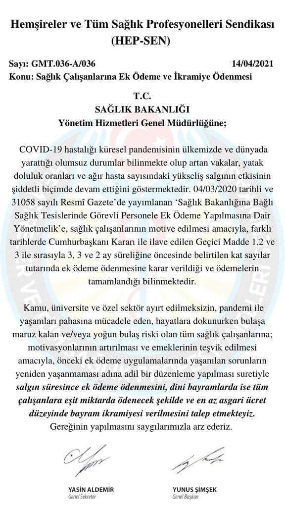 Sağlık Çalışanlarına Ek Ödeme ve İkramiye Ödenmesi