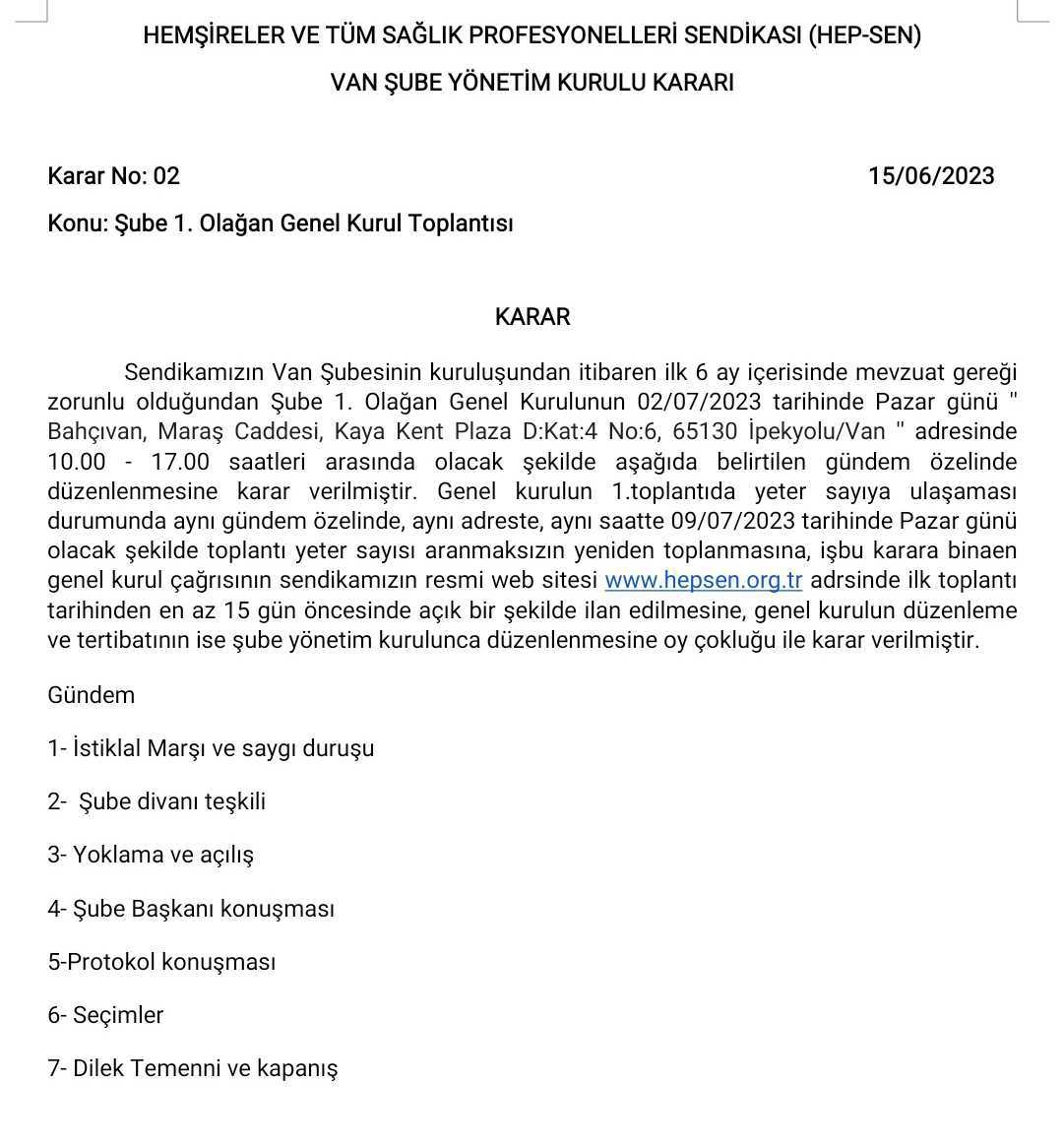 Hep-Sen Van Şubesi 1. Olağan Genel Kurulu