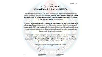Sağlık Bakanlığı Yönetim Hizmetleri Genel Müdürlüğü’ne gönderdiğimiz, 120 saat zorunlu çalışma sürelerinin çalışanlara 140 saat olarak tanınmasına dair yazımız.