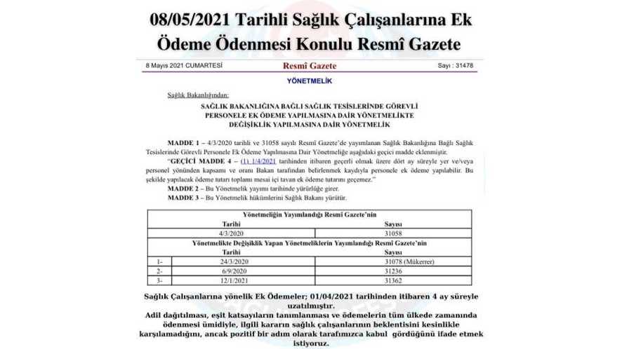 08.05.2021 Tarihli Sağlık Çalışanlarına Ek Ödeme Ödenmesi Konulu Resmî Gazete Yönetmeliği