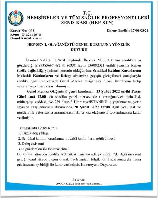 HEP-SEN 1. OLAĞANÜSTÜ GENEL KURULUNA YÖNELİK DUYURU