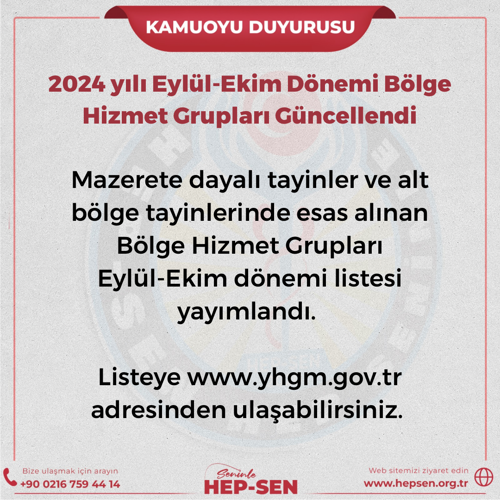 SAĞLIK BAKANLIĞI 2024 yılı Eylül-Ekim Dönemi Bölge Hizmet Grupları Güncellendi