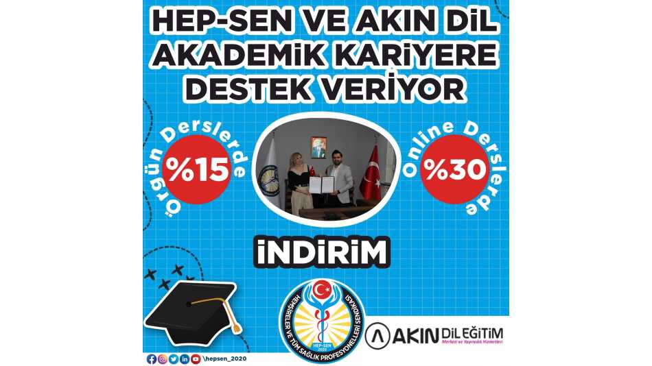 Akın Dil Eğitim Merkezi'nin tüm şubeleri ile Akademik kariyer sürecinde üyelerimiz için kurumsal indirim anlaşması imzalanmıştır.