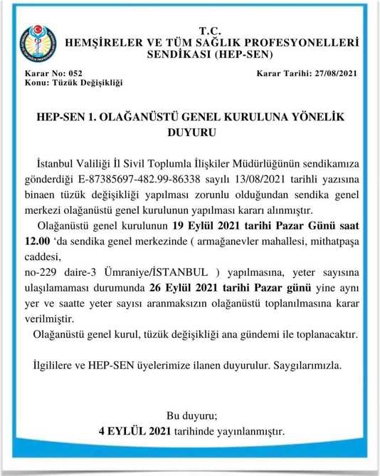 HEP-SEN 1. OLAĞANÜSTÜ GENEL KURULUNA YÖNELİK DUYURU